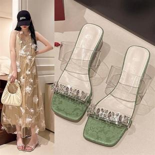 水晶粗跟一字拖高跟鞋 夏季 時尚 女2025新款 外穿仙女風透明水鉆拖鞋