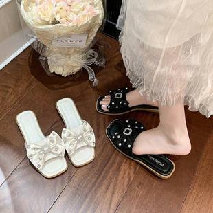 百搭平底海邊沙灘鞋 法式 高級感蝴蝶結涼拖時尚 女外穿2025新款 拖鞋