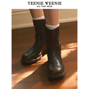 TeenieWeenie小熊奧萊春季 復古鉚釘粗跟牛仔靴中筒機車靴女