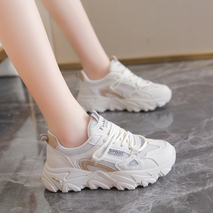 厚底輕便運動鞋 真皮老爹鞋 百搭圓頭系帶透氣跑步鞋 新款 女2025春季