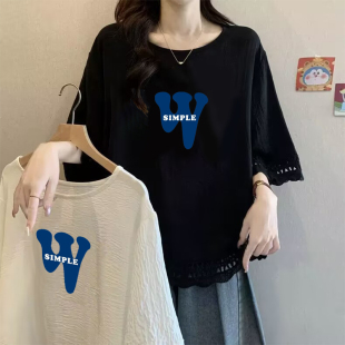 拼接設計感T恤上衣女 慵懶風減齡甜美花邊短袖 特大碼 300斤胖mm薄款