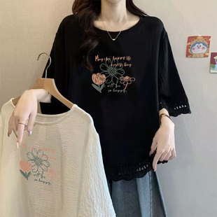 大碼 薄款 遮肚子上衣 T恤女夏季 300斤胖mm洋氣潮流印花減齡花邊短袖