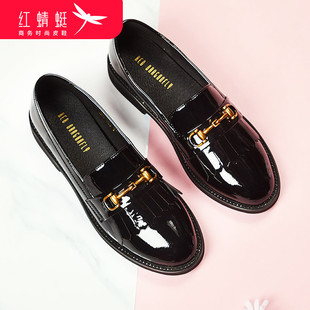 漆皮豆豆鞋 女春夏英倫風小皮鞋 子時尚 單鞋 紅蜻蜓女鞋 通勤鞋 樂福鞋