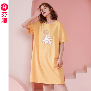 睡衣寬松可愛全棉家居服連衣裙 薄款 芬騰服飾女士睡裙夏季 純棉短袖