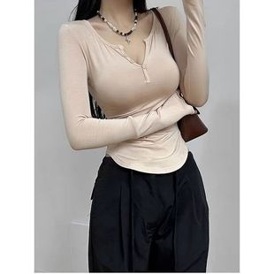 上衣打底衫 辣妹早秋半開領(lǐng)t恤女修身 顯瘦小心機(jī)甜辣純欲顯胸長(zhǎng)袖