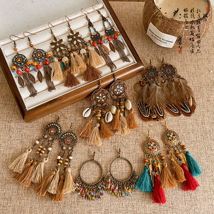 波西米亞民族風(fēng)耳環(huán)女復(fù)古氣質(zhì)長(zhǎng)款 耳飾 流蘇耳釘異域風(fēng)情度假秋季