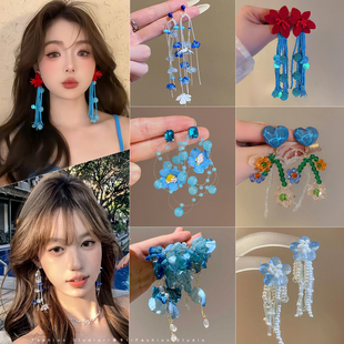 超仙清透水晶花朵流蘇耳釘女2025新款 海邊度假耳飾 高級感耳環夏季