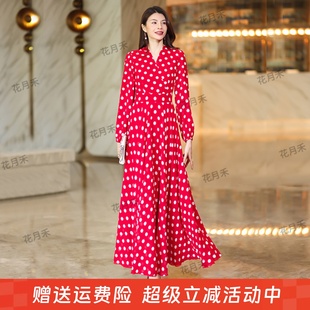 2025年新款 春秋圓點大擺連衣裙收腰顯瘦旅游度假長裙雪紡裙沙灘裙