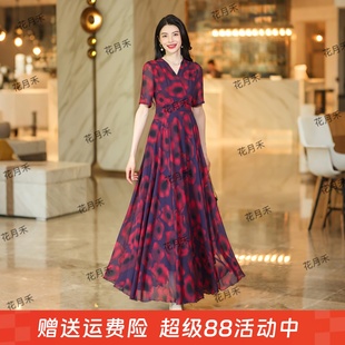 2025年夏秋新款 女士大擺V領沙灘裙印花連衣裙收腰顯瘦長裙雪紡裙