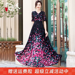 2025年夏季 印花大擺連衣裙波西米亞旅游度假長(zhǎng)裙雪紡裙沙灘裙 新款