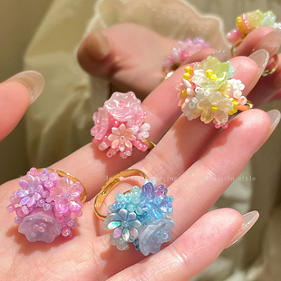 多巴胺繡球花朵戒指女夏天海邊度假風甜美食指戒2025新款 串珠指環