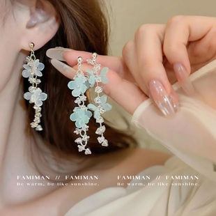 超仙水晶鑲鉆花朵流蘇耳環(huán)度假風(fēng)海邊出游百搭串珠耳釘清冷感耳飾