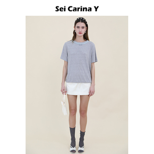 上衣女簡約時尚 Y波浪花邊短袖 百搭新款 T恤中長款 Sei 夏季 Carina