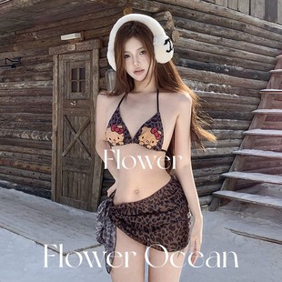 性感豹紋bikini三件套分體溫泉海邊度假泳衣 新款 小野貓