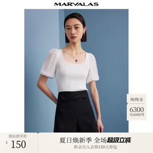 打底衫 復古雪紡拼接泡泡短袖 新款 曼德詩純色方領針織T恤2025秋季