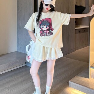 短褲 法國女童夏裝 女大童洋氣花邊短袖 2025新款 兒童運動服 休閑套裝