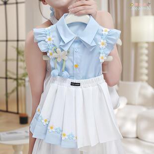 襯衫 百褶裙學院風短裙短袖 半身裙套裝 花邊短袖 2025夏季 女童小飛袖