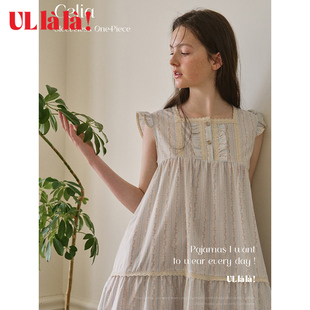 Ullala韓國進口家居服睡裙藍色碎花甜美方領寬肩帶純棉中長款 睡裙