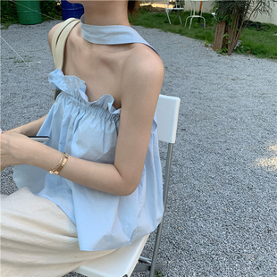 設(shè)計感小眾吊帶雪紡小衫 夏天小個子寬松度假風露肩上衣女夏季 新款