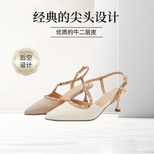 真皮尖頭細跟鉚釘后空絕美高跟鞋 新款 女2025夏季 優雅氣質包頭涼鞋