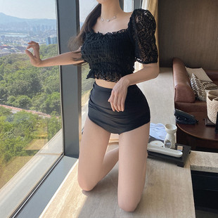 推薦 度假溫泉 韓國泳衣女高腰三角分體比基尼ins遮肚顯瘦蕾絲性感
