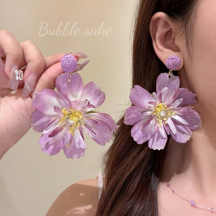 原創 超仙唯美紫色花朵耳環女海邊度假風耳釘夸張耳飾 鳶尾花香