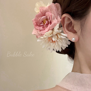 溫柔粉漾 超仙粉色花朵發夾女海邊度假風拍照側邊夾發卡頭花發飾