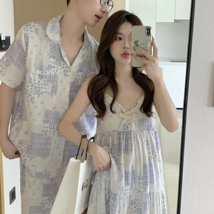 家居服套裝 情侶睡衣女款 寬松透氣男士 吊帶睡裙帶胸墊碎花短袖 夏季