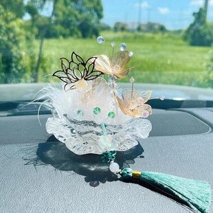 步步生蓮汽車擺件蓮花國風流蘇車內中控臺羽毛裝 飾汽車用品擺飾品