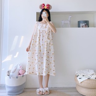 純棉紗布加長花邊背心睡裙吊帶睡衣夏季 孕婦胖MM200斤家居服 G大碼