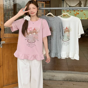 T恤 2025夏裝 女甜美卡通印花寬松顯瘦花邊短袖 胖mm大碼 A1518 新款