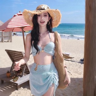 游泳裝 高級質感分體比基尼三件套海邊度假泳衣女裙式 聚攏2025新款