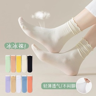襪子女中筒夏季 花邊白色天鵝絨ins潮夏天女士堆堆長襪 冰冰襪薄款