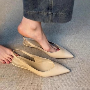 女百搭淺口通勤工作包 優雅低跟后空淺口尖頭涼鞋 現貨羊皮版 法式