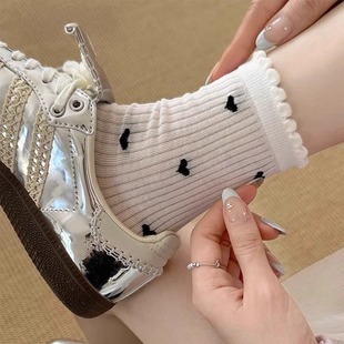 白色波點蝴蝶結襪子女中筒襪ins潮純棉夏季 日系jk花邊堆堆襪 薄款