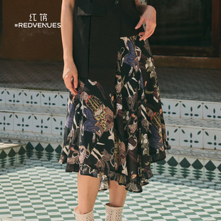 穿搭 半身裙夏黑色不規(guī)則a字中長裙碎花裙小眾不撞款 紅館 設(shè)計(jì)師款