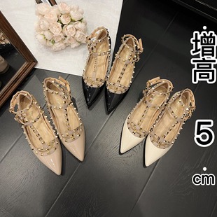 性感腳環(huán)T型扣帶平底鞋 復(fù)古鉚釘尖頭漆皮單鞋 女 法式 2025新款