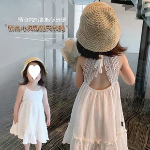 女童裝 海邊度假風兒童連衣親子家裙寶寶洋氣露背白色吊帶裙子 夏季