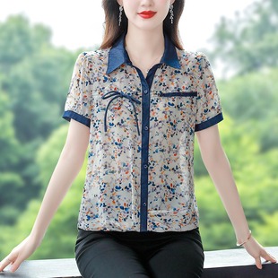女裝 媽媽夏裝 寬松小衫 翻領氣質t恤女媽媽時尚 上衣0711d 中袖