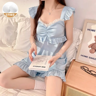 夏季 套裝 新款 蕾絲花邊家居服款 帶胸墊睡衣女吊帶冰雪絲薄款 006W