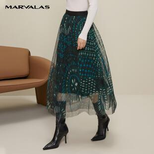 曼德詩碎花半身裙2025秋裝 韓系蓬蓬a字百褶裙設計感中長裙 新款