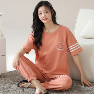 女士短袖 薄款 睡衣套裝 100%全棉家居服韓版 可外穿 純棉長褲 現貨夏季