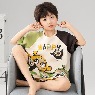 2025新款 兒童男童睡衣夏季 純棉夏天家居服中大童男孩套裝 短袖 薄款