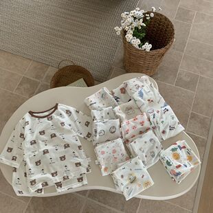 套 提花兒童七分袖 兒童睡衣a類莫棉兒童夏季 家居服空調服莫棉長袖