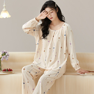 女棉自帶胸墊一體夏冬天家居服可外穿大碼 新品 睡衣套裝 長(zhǎng)袖 春秋季
