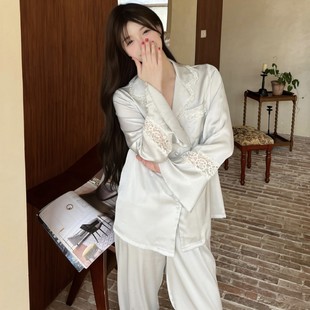 長(zhǎng)褲 新品 長(zhǎng)袖 優(yōu)雅睡衣女冰絲綢春夏季 舒適寬松家 背部繡花蝴蝶法式