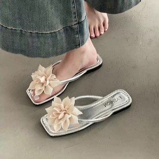 女外穿仙女平底海邊沙灘涼拖 40一43花朵夾腳人字拖鞋 現貨大碼 女鞋