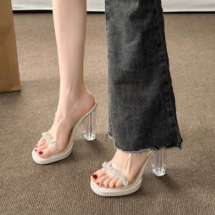 水鉆粗跟水晶涼拖鞋 現(xiàn)貨配裙子涼鞋 外穿法式 夏季 透明高 女2025新款