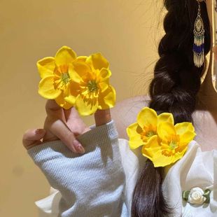 海邊度假風扶桑花發(fā)夾女波西米亞黃色雙生花朵發(fā)飾甜美側(cè)邊劉海夾