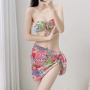 極速泳衣女c抹胸系繩聚攏比基尼裹裙三件套度假風碎花分體胸墊溫